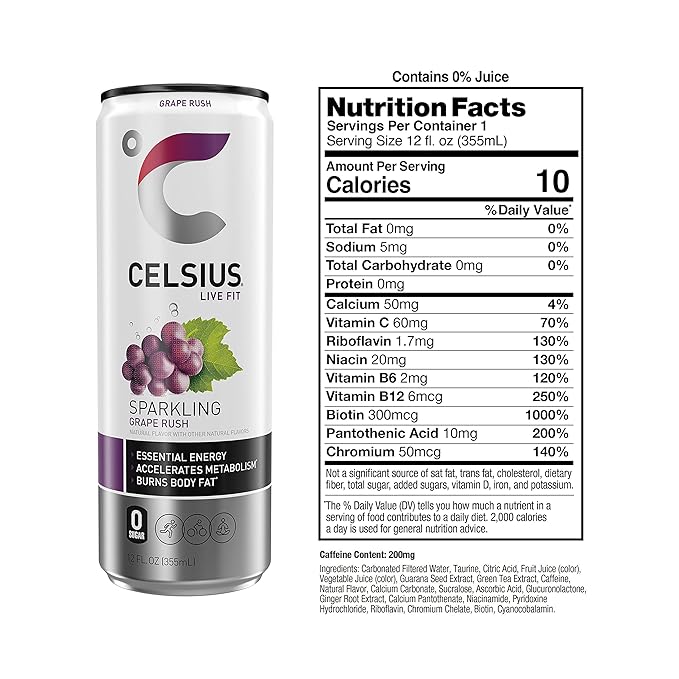 CELSIUS Sparkling Grape Rush, Functional Essential Energy Drink 12 Fl Oz