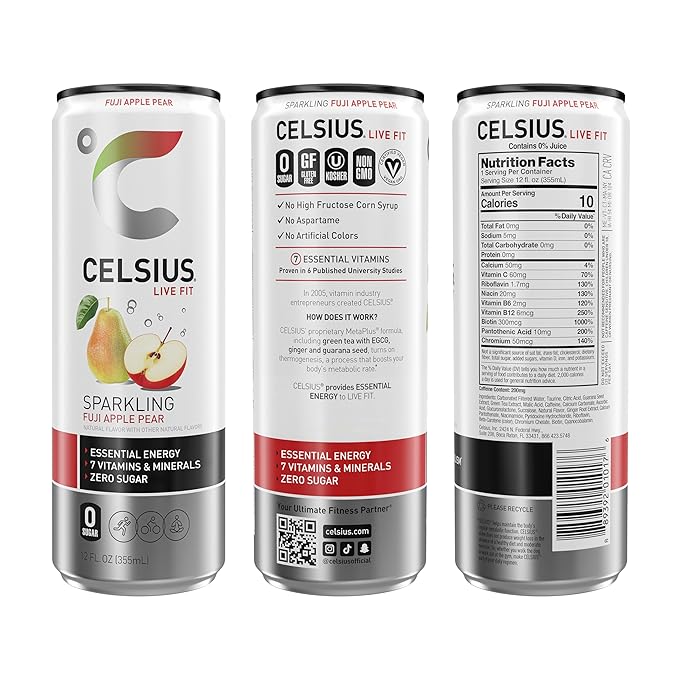 CELSIUS Sparkling Fuji Apple Pear, Functional Essential Energy Drink 12 Fl Oz