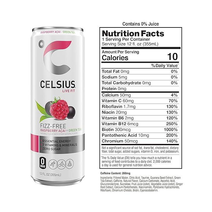CELSIUS Raspberry Acai Green Tea, Functional Essential Energy Drink 12 Fl Oz