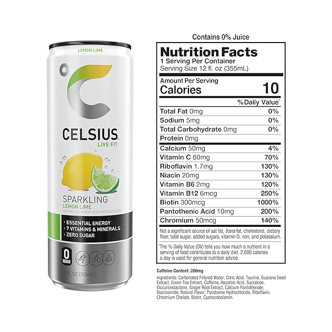 CELSIUS Sparkling Lemon Lime, Functional Essential Energy Drink, 12 Fl Oz