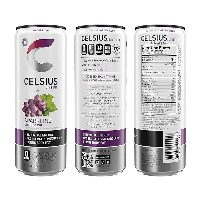 CELSIUS Sparkling Grape Rush, Functional Essential Energy Drink 12 Fl Oz