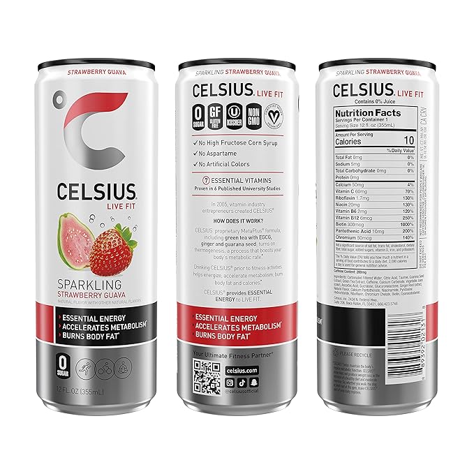 CELSIUS Sparkling Strawberry Guava, Functional Essential Energy Drink 12 Fl Oz