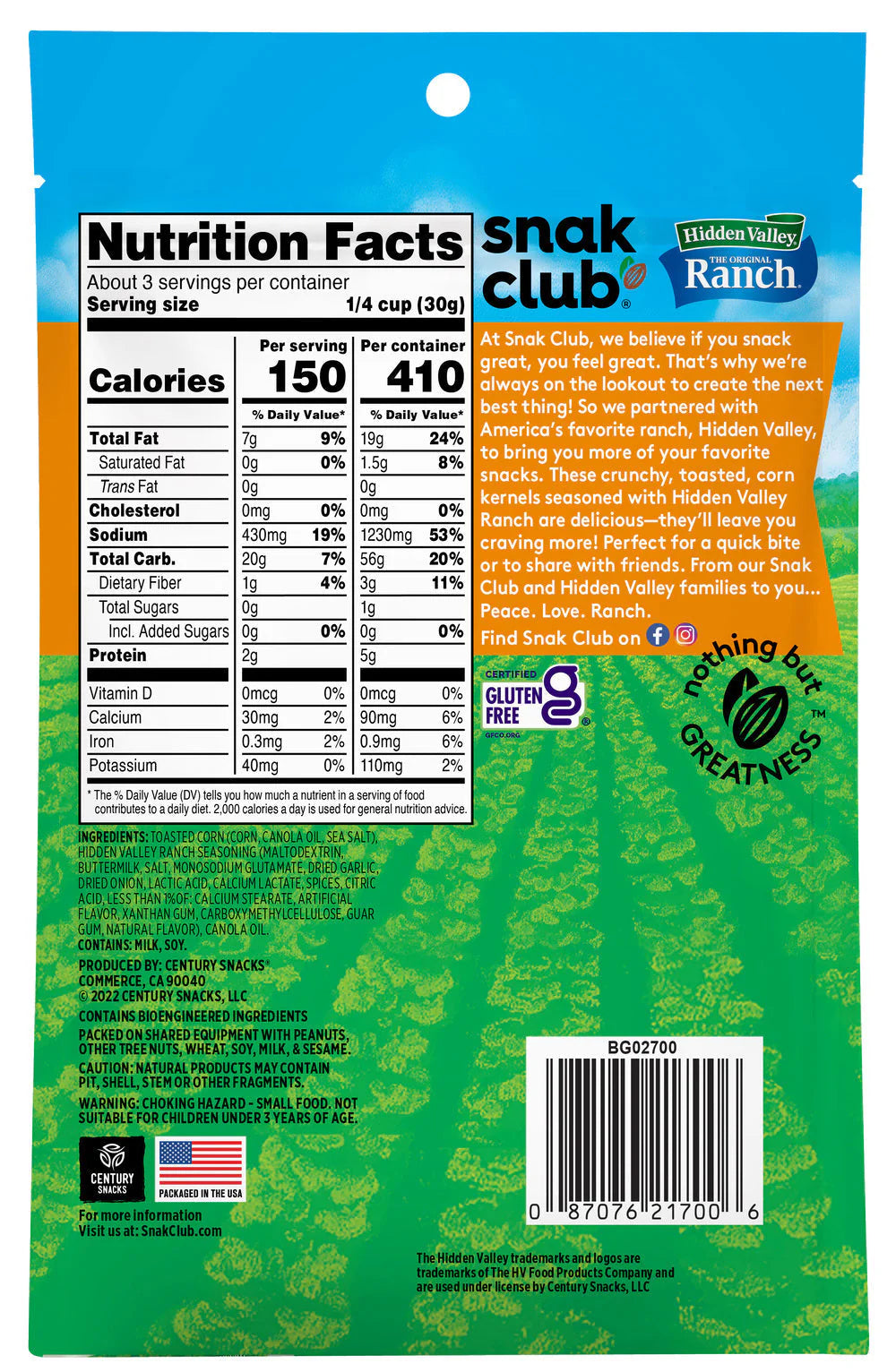 SNAK CLUB - SC-RS-HIDDEN VALLEY RANCH TOASTED CORN 3.0OZ /6