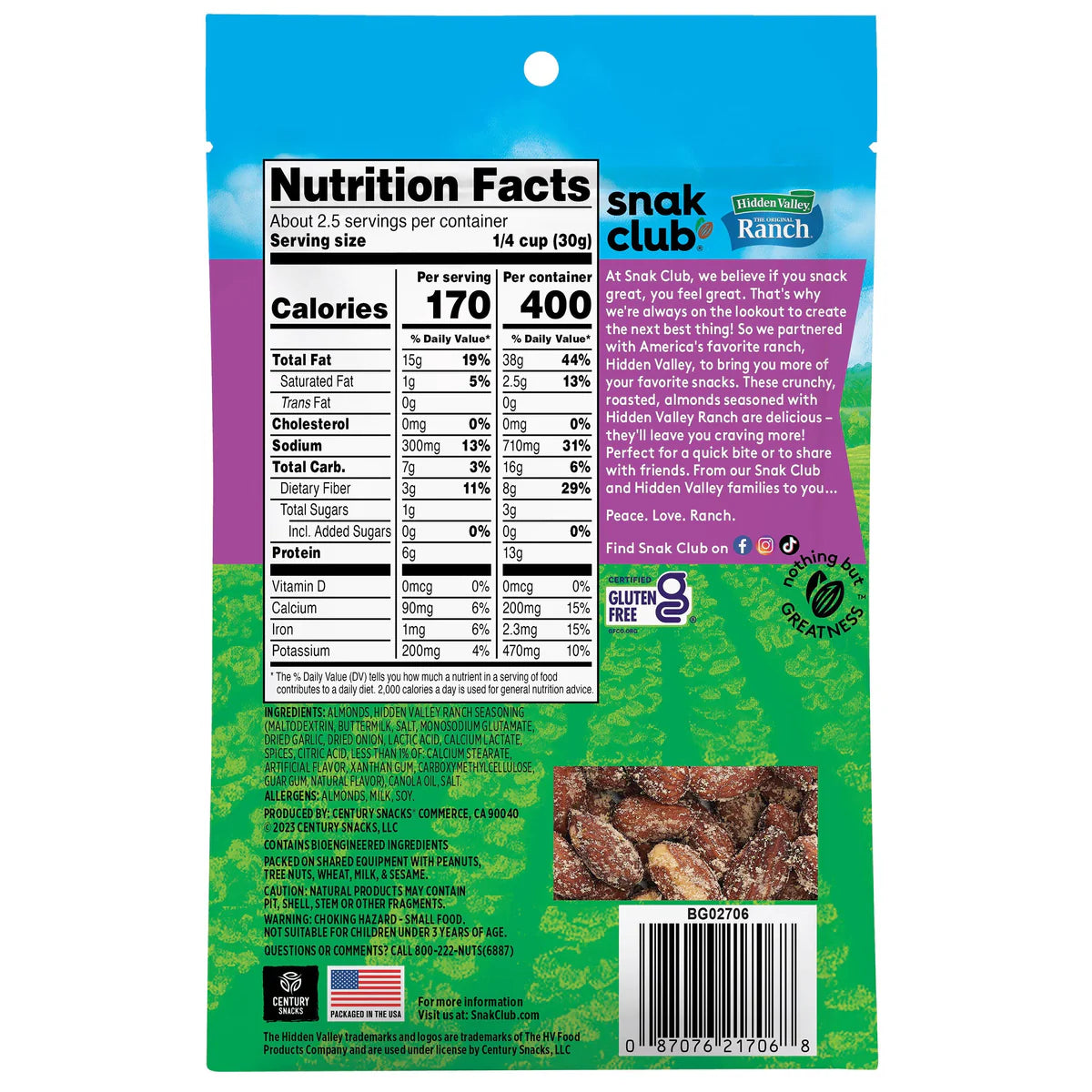 SNAK CLUB - SC-RS-HIDDEN VALLEY RANCH ALMONDS 2.5OZ /6