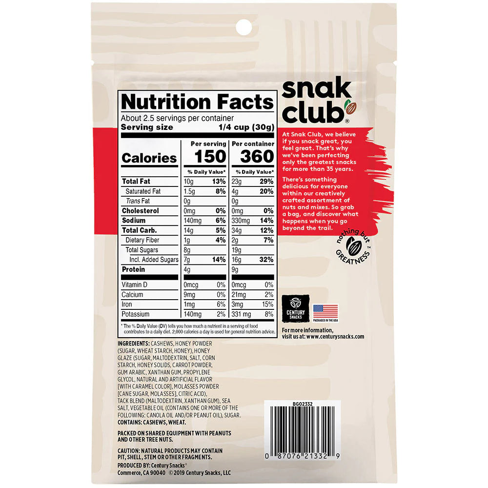 SNAK CLUB - SC-RS-HONEY CASHEWS 2.5OZ /6