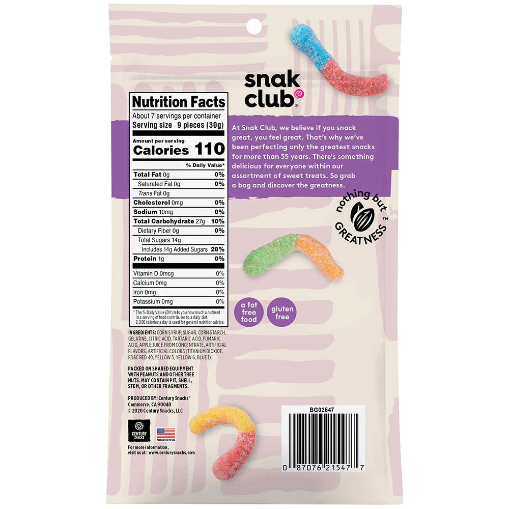 SNAK CLUB - SC-RS-SOUR GUMMY WORMS 7.5OZ /6