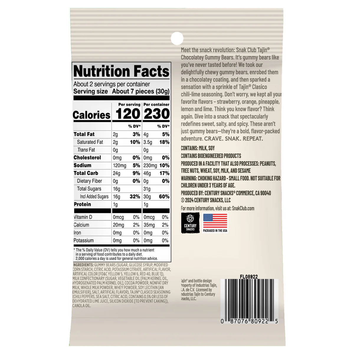 SNAK CLUB - SC-SS TAJIN CHOCOLATEY GUMMY BEARS - 2OZ/12