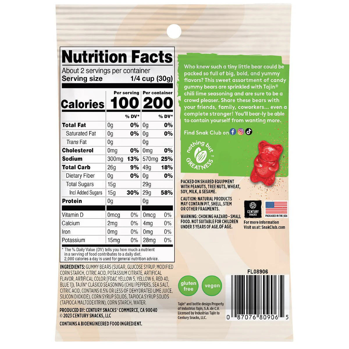SNAK CLUB - SC-SS-TAJIN GUMMY BEARS 2oz/12
