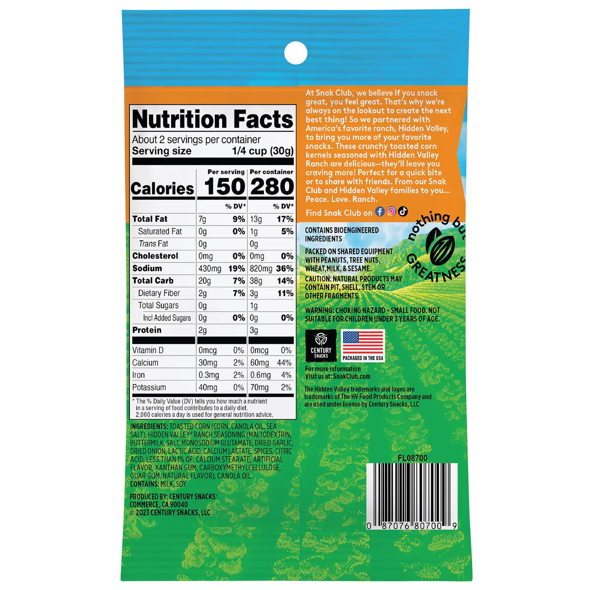 SNAK CLUB - SC-SS-HIDDEN VALLEY RANCH TOASTED CORN 2oz/12