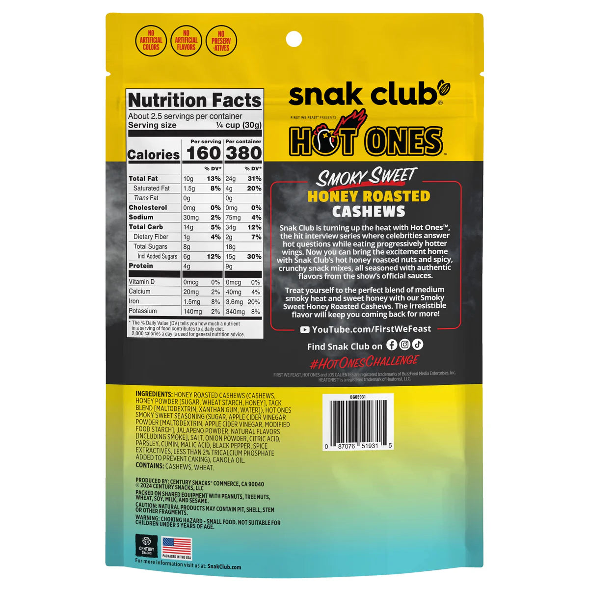 SNAK CLUB - SC-RS HOT ONES HNY RSTD SMOKY SWEET CASHEW 2.50oz/6