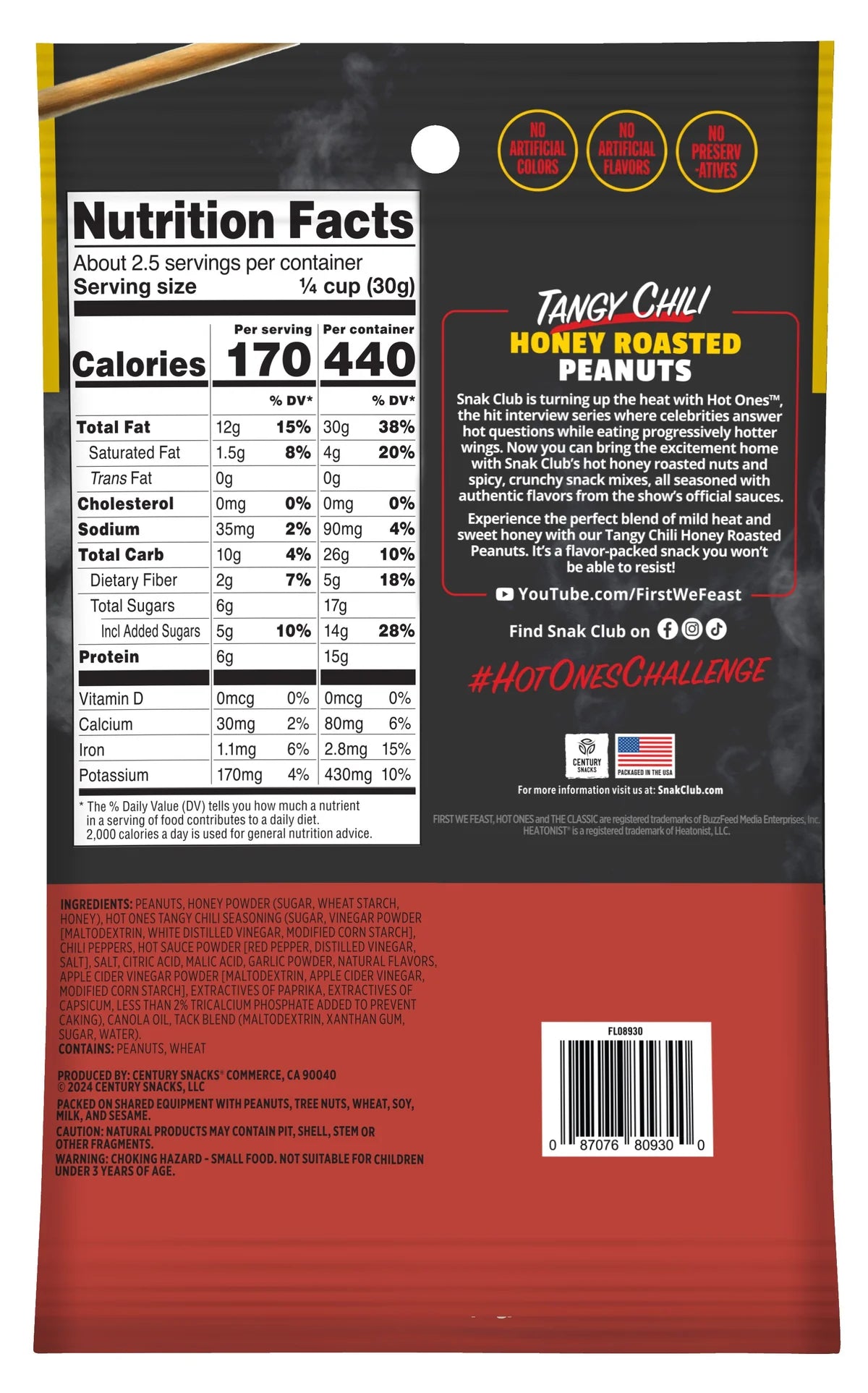 SNAK CLUB - SC-SS HOT ONES HONEY ROASTED TANGY CHILI PEANUT 2.75oz/12