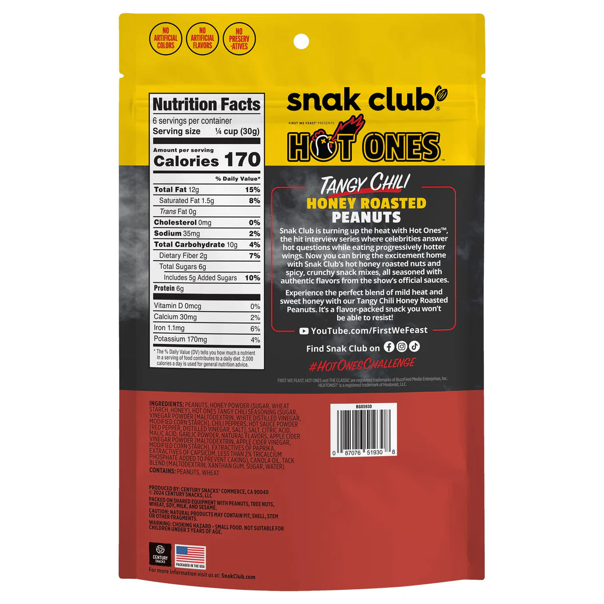 SNAK CLUB - SC-RS HOT ONES HNY RSTD TANGY CHILI PEANUT 6oz/6