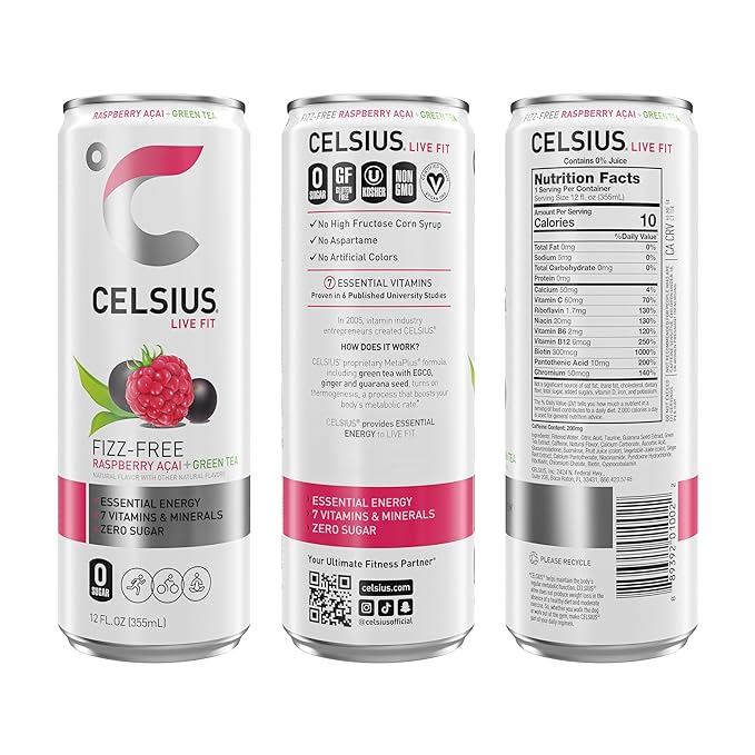 CELSIUS Raspberry Acai Green Tea, Functional Essential Energy Drink 12 Fl Oz