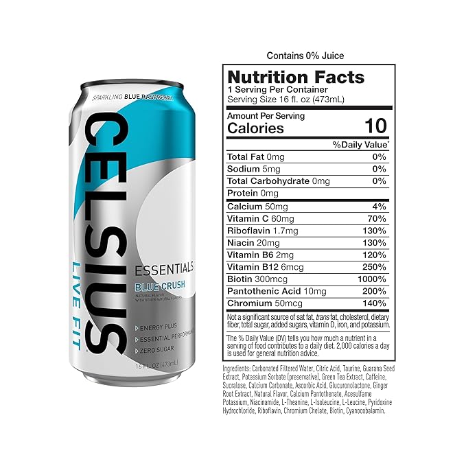 CELSIUS ESSENTIALS, Sparkling Blue Crush, Performance Energy Drink 16 Fl Oz