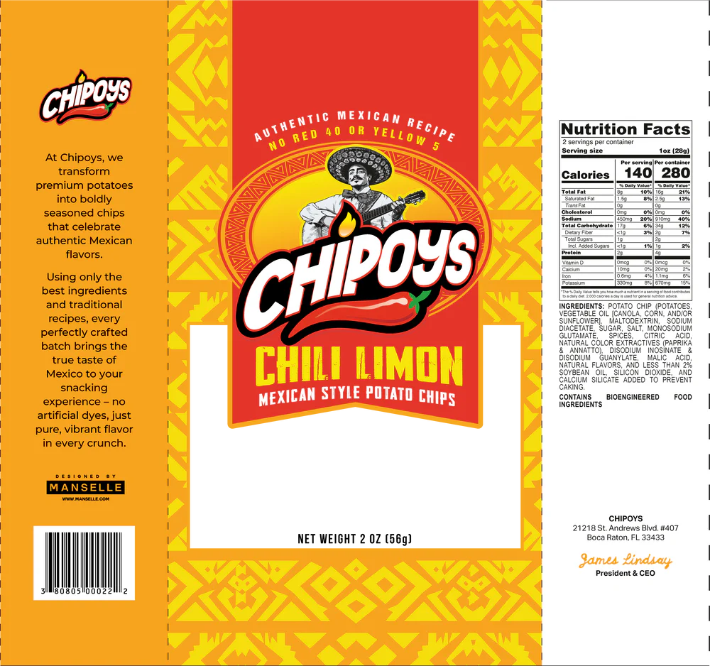 CHIPOYS - CHILI LIMEN MEXICAN STYLE POTATO CHIPS  2.5OZ (10 BAGS)