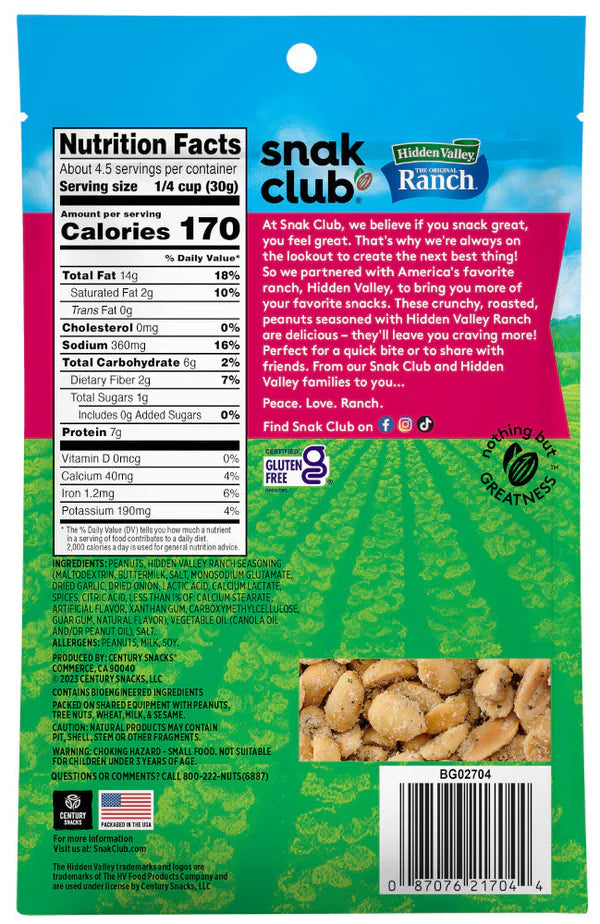 SNAK CLUB - SC-RS-HIDDEN VALLEY RANCH PEANUTS 4.5OZ /6