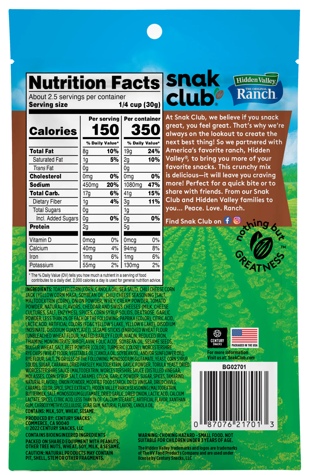 SNAK CLUB - SC-RS-HIDDEN VALLEY RANCH CRUNCH MIX 2.5OZ /6
