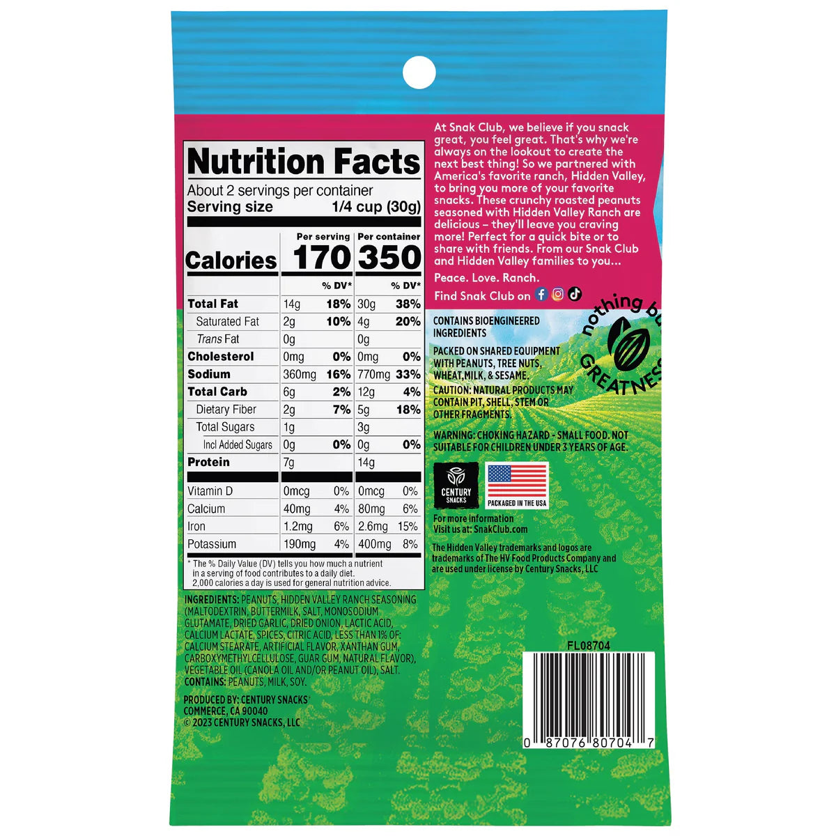 SNAK CLUB - SC-SS-HIDDEN VALLEY RANCH PEANUTS 2.25oz/12