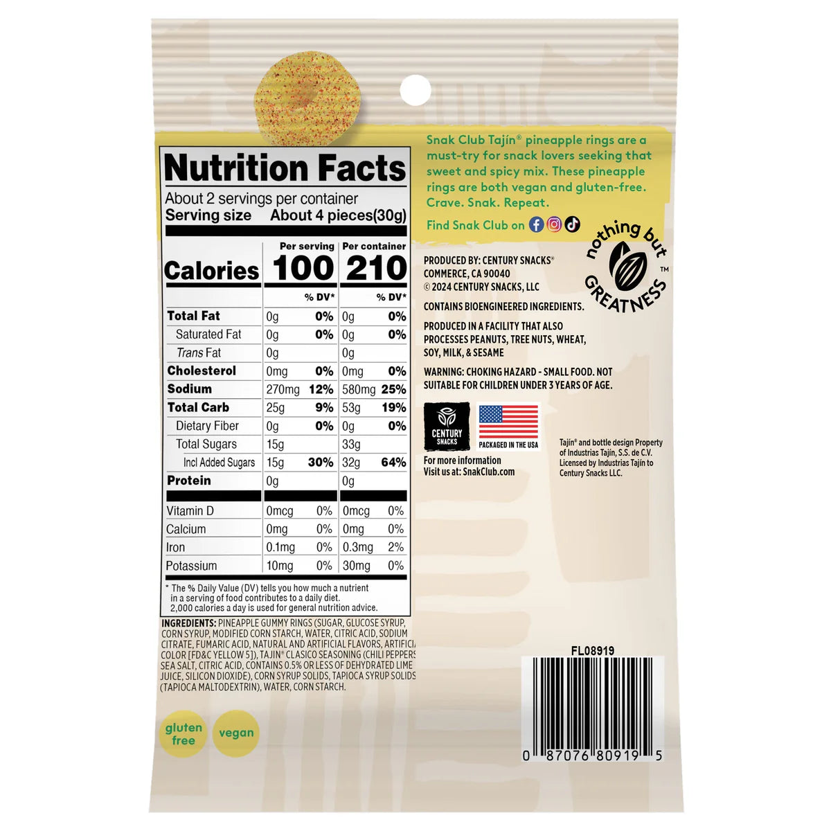 SNAK CLUB - SC-SS-TAJIN PINEAPPLE RINGS 2.25oz/12