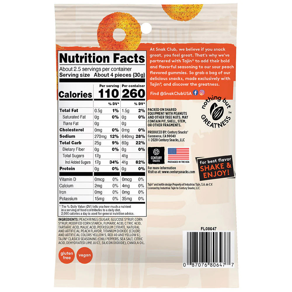 SNAK CLUB - SC-SS-TAJIN PEACH RINGS 2.50oz/12